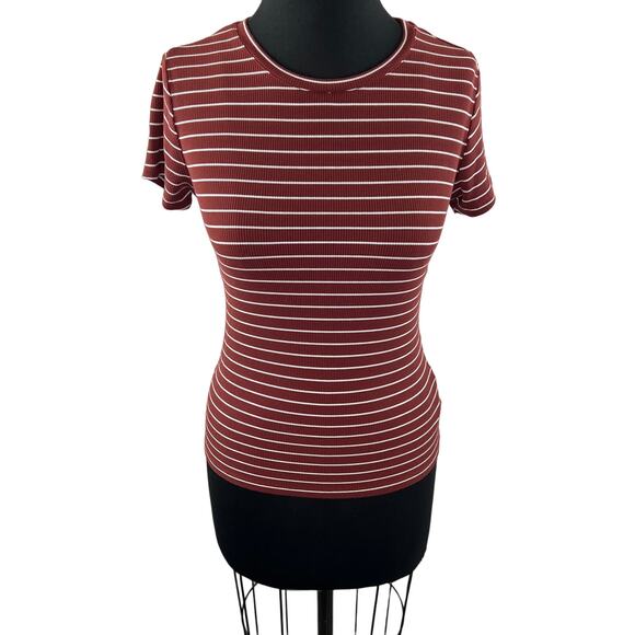 PAIGE Dark Rust White Blouse Top Model Blend French Striped Crew Neck Sz S Small - Picture 2 of 5